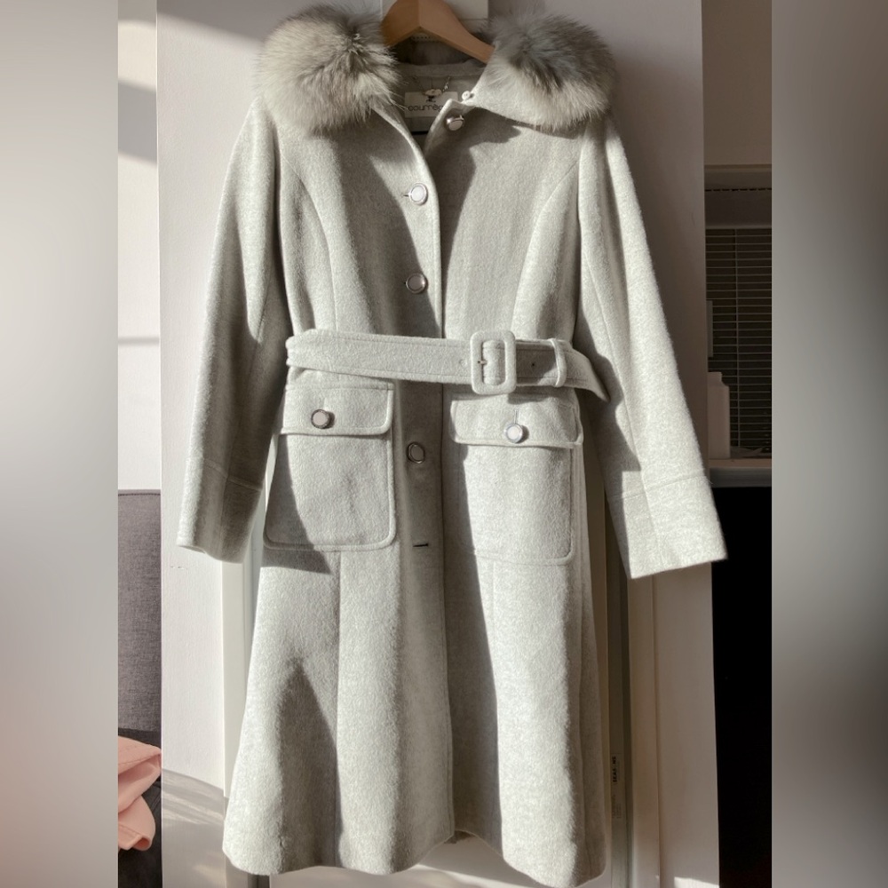 Vintage Courreges winter grey coat withh rabbit fur collar